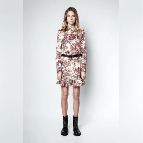 Zadig & Voltaire Rocket Jouy Print Satin Dress Red Cream Chinoiserie Ruffle $525 - Picture 1 of 13